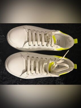 White Leather MCM Sneakers with Neon Yellow Accents